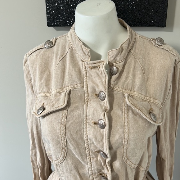 Free People Emilia Jacket Tan Linen Military Lace Hem Button Front Sz XS - Picture 7 of 12